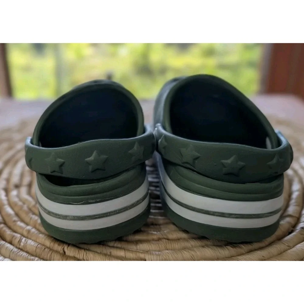 Khaki Slip-On Clogs Solid Round Toe Strap Accent Size 7 Unisex Dinosaur Charm